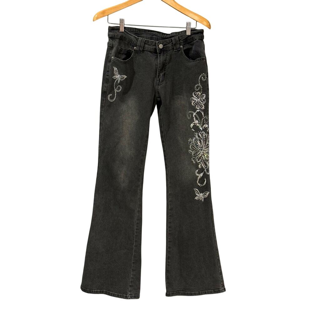 Black Rhinestone Butterfly Jeans Wide Leg Embroidered Embellished Women’s M